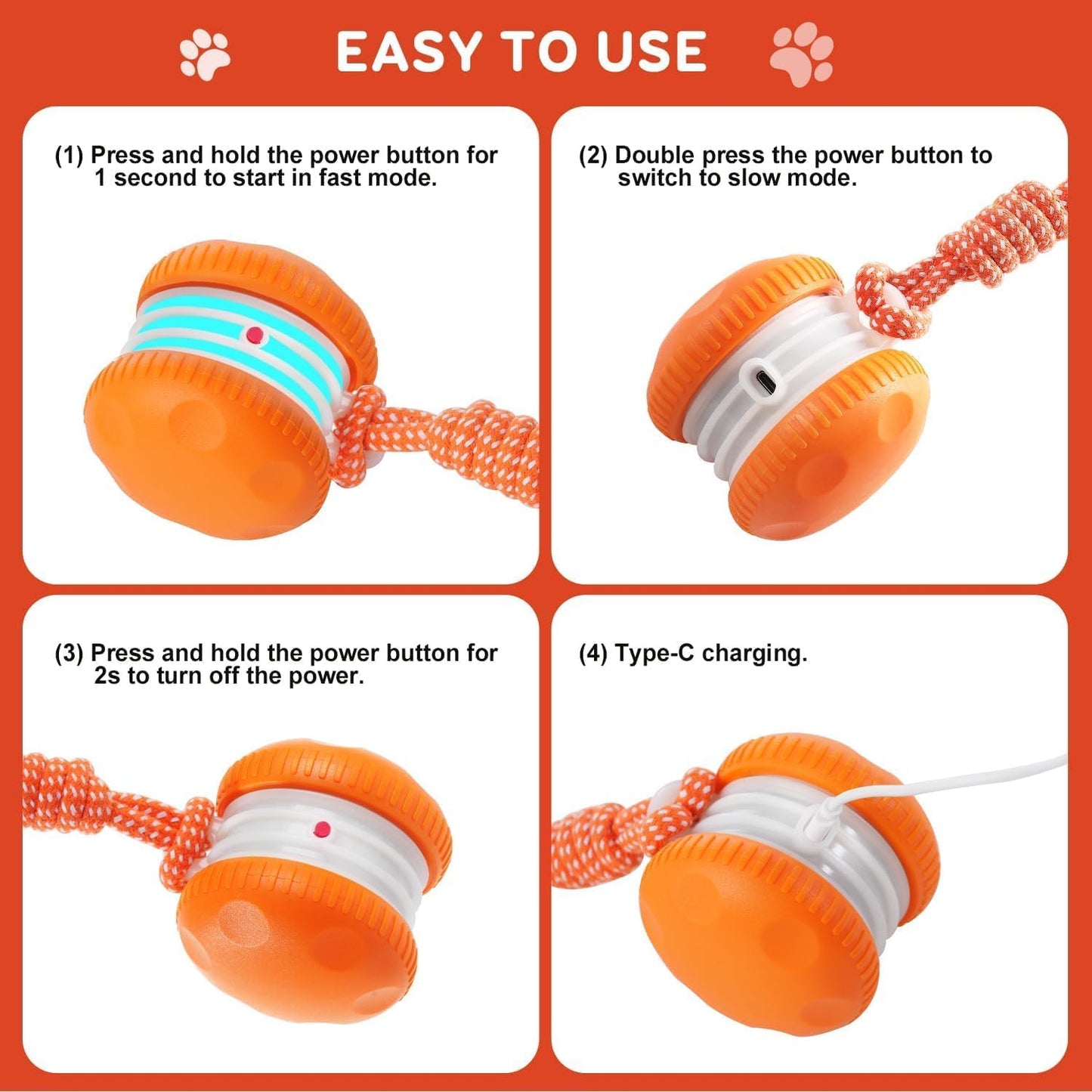 Random Path Electric Rolling Dog Toy with Rope, Motion-Activated for Small/Medium Dogs, Boredom Relief