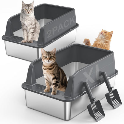 2-Pack Stainless Steel Cat Litter Box – Extra Large for Big Cats, XL Metal Pan with Lid and High Sides, Leak-Proof, Non-Stick, Includes Scoop