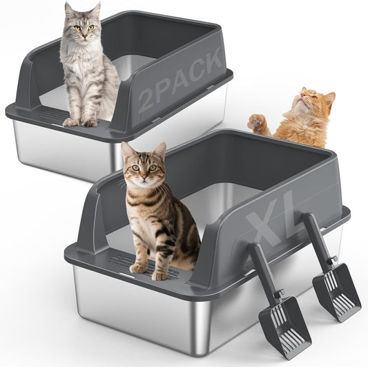 2-Pack Stainless Steel Cat Litter Box – Extra Large for Big Cats, XL Metal Pan with Lid and High Sides, Leak-Proof, Non-Stick, Includes Scoop