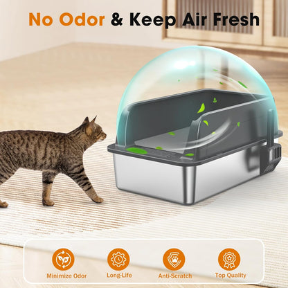 2-Pack Stainless Steel Cat Litter Box – Extra Large for Big Cats, XL Metal Pan with Lid and High Sides, Leak-Proof, Non-Stick, Includes Scoop