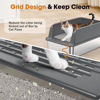 2-Pack Stainless Steel Cat Litter Box – Extra Large for Big Cats, XL Metal Pan with Lid and High Sides, Leak-Proof, Non-Stick, Includes Scoop