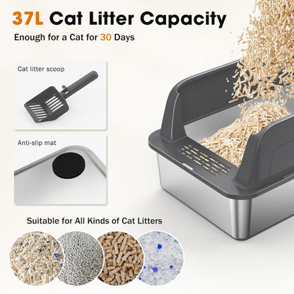 2-Pack Stainless Steel Cat Litter Box – Extra Large for Big Cats, XL Metal Pan with Lid and High Sides, Leak-Proof, Non-Stick, Includes Scoop