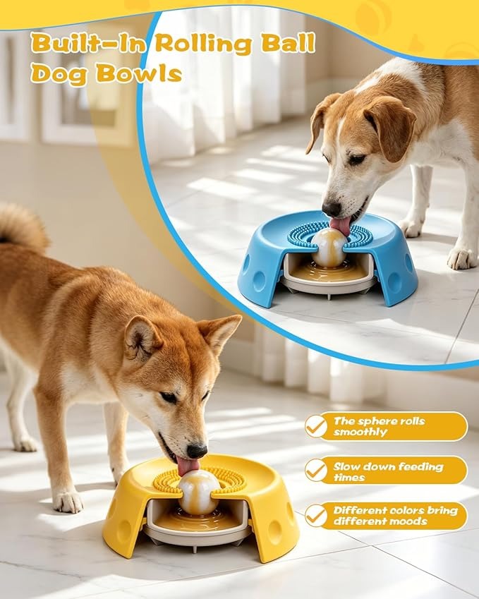 Slow Feeder Dog Bowl with Rolling Ball, Interactive Lick Bowl for Dogs & Cats Anti-Slip Silicone Lick Mat for Liquid Treat Wet Food Bone Broth