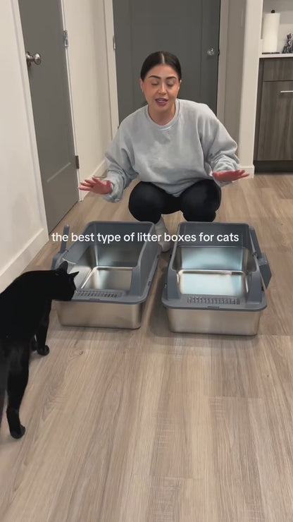 2-Pack Stainless Steel Cat Litter Box – Extra Large for Big Cats, XL Metal Pan with Lid and High Sides, Leak-Proof, Non-Stick, Includes Scoop