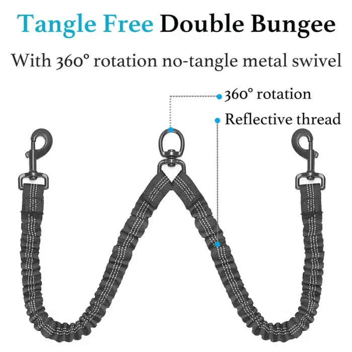 Dual Dog Leash - 360° Swivel, No Tangle Walking Leash with Shock Absorbing Bungee for Two Dogs (Large, 25-150 lbs)